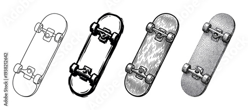 Four different skateboards are illustrated in various black and white line art and stipple styles, showcasing diverse artistic techniques.