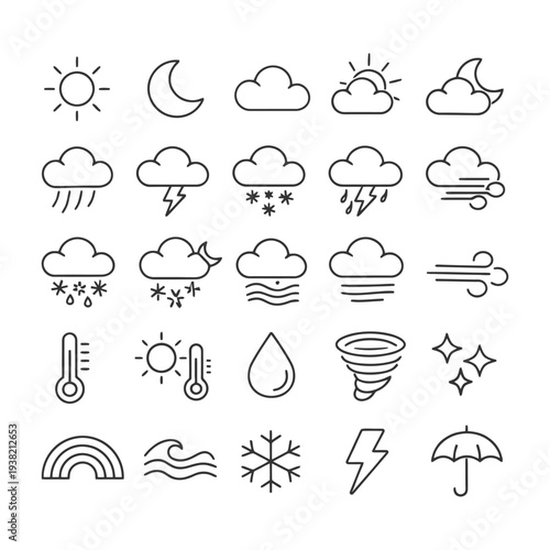 Set of weather icons depicting sun, cloud, rain, snow, wind, and temperature.