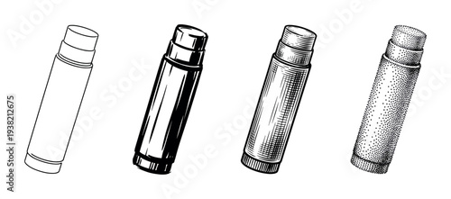 Lip balm stick illustrations in various hand-drawn artistic styles, offering diverse visual options for cosmetic product design.