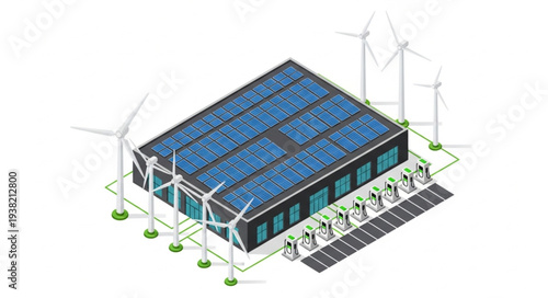 Modern building with solar panels and wind turbines generating clean energy.