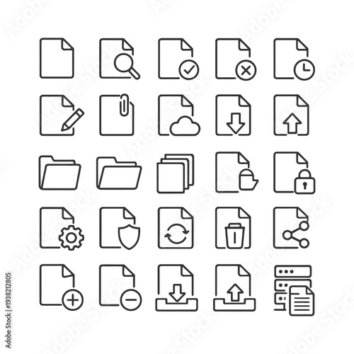 Icon set of file management and organization symbols including folders and documents.