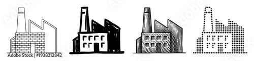 Industrial factory building illustrations featuring various artistic styles including line art, solid fill, hatched, and pixelated designs.