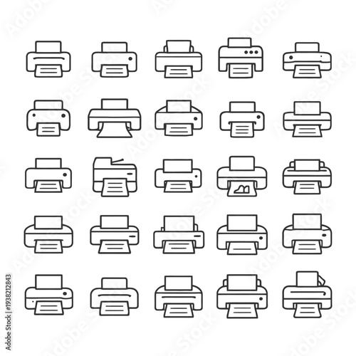Set of 24 printer icon variations in black and white line style.