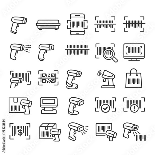 Set of barcode scanner icons for retail and inventory management.