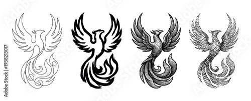 Four stylized phoenix bird illustrations in different artistic styles, representing rebirth and strength in a collection of mythical designs.