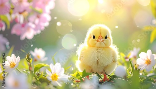Tiny yellow chick in sun-drenched meadow with pink and white flowers, green grass, and soft focus