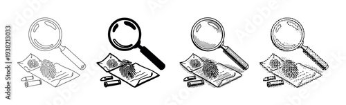 Forensic investigation elements like magnifying glass, fingerprints, and bullet casings are shown in a detailed illustration.