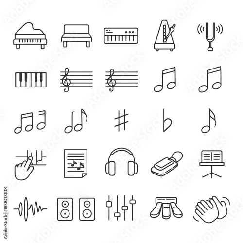 Music icons collection: instruments and symbols in line art.