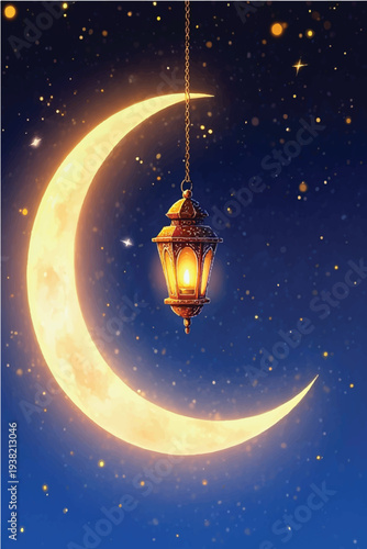 Vector illustration of a bright glowing lantern in the dark starry night sky with a blue galaxy moon and cosmos stars background design