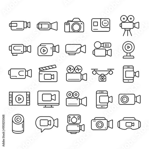 Set of 25 video and camera icons for multimedia and filmmaking.