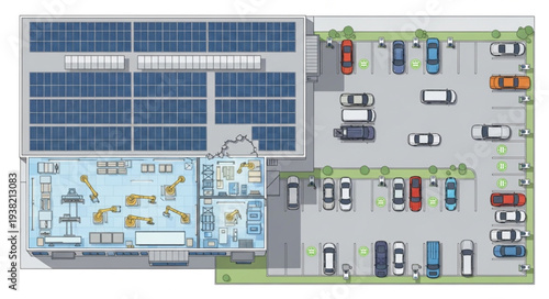 Aerial view of a modern building with solar panels and a parking lot.