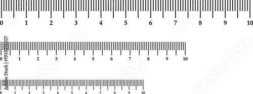 Measuring rulers in centimeters set 1 to 10 cm vector scale measuring instruments Illustration.
