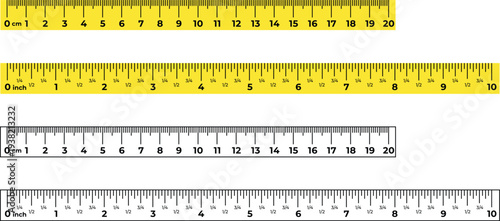 Yellow metric and inch ruler icon outline measuring scale in cm and inches vector illustration.