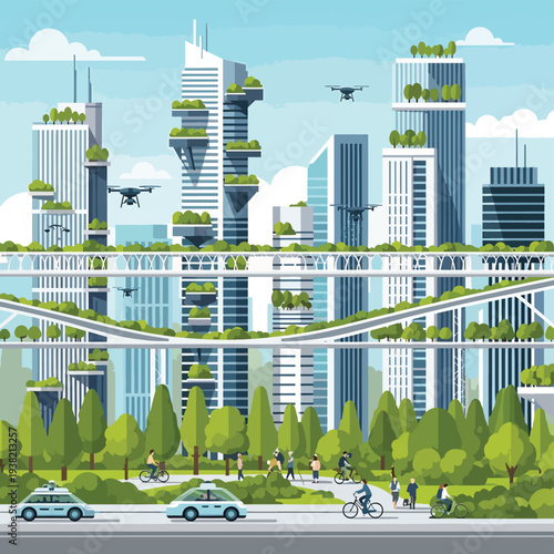 Futuristic Cityscape with Green Spaces