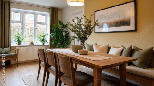 Modern dining room featuring a wooden table with chairs, decorative cushions, and plants near large windows, complemented by a framed nature photograph on the wall