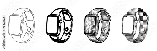 Four smartwatches depicted in various artistic styles, including outline, solid, engraved, and halftone illustrations.