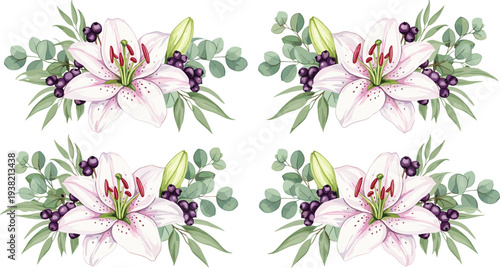 Elegant Lily Flower Bouquet Arrangements with Green Leaves and Berries Decorative Floral Composition Vector Illustration Set