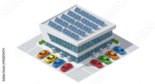 Modern Building with Solar Panels and Electric Cars.