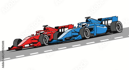 Two formula cars racing side by side on track
