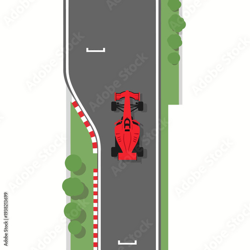 Formula car on race track aerial perspective