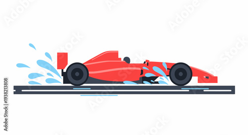 Red formula racing car with water splashes side view