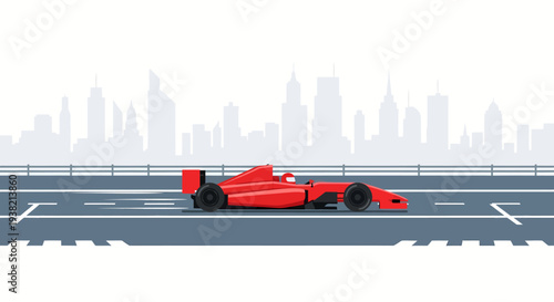 Formula racing car on city circuit with skyline