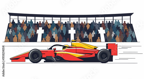 Side view of formula car on track with fans in background