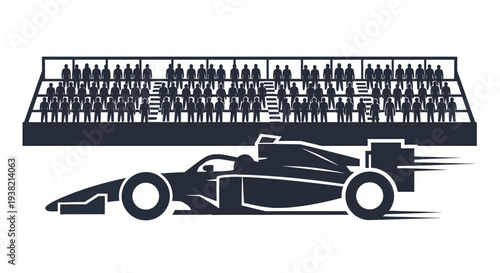 Silhouette of a racing car in front of grandstand