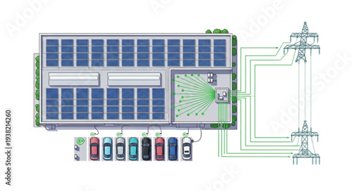 Aerial view of a solar panel array powering electric vehicles.