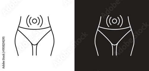 Female Abdominal or Pelvic Pain Icon with Concentric Circles Radar Like Symbols Radiating from Lower Belly Area Representing Localized Ache Spasm or Throbbing Sensation for Menstrual Cramps Dysmenorrh