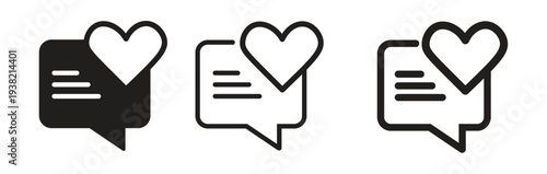 Two UI speech bubble with heart icons solid glyph and outline style representing dating apps love chat rooms romantic communication social networks and positive feedback for user interface design