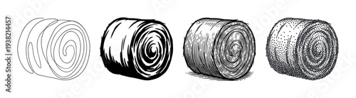 Four different stylized hay bales are depicted in various artistic illustration techniques, showcasing diverse visual interpretations.