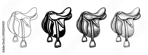 Four different horse saddles are illustrated in various black and white art styles, showcasing equestrian equipment.