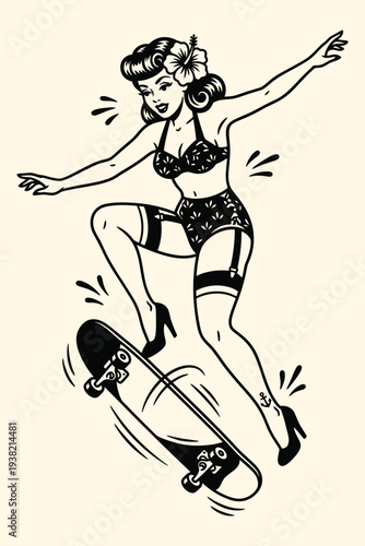Vintage Pin Up Style Woman Skateboarding Illustration