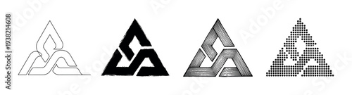 Geometric triangular knot symbols displayed in a variety of artistic styles, including line art, grunge, and dotted patterns.