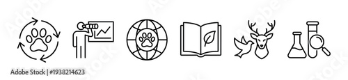 Environmental protection, animal welfare, and scientific research icons representing nature, ecology, and sustainable practices.