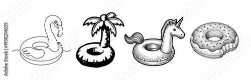 Inflatable pool floats, swimming rings, summer toys are depicted in a diverse collection of artistic styles.