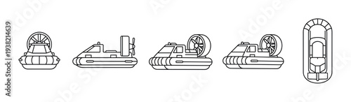 Outline drawings of hovercrafts and inflatable boat presented in different perspectives for transportation design.