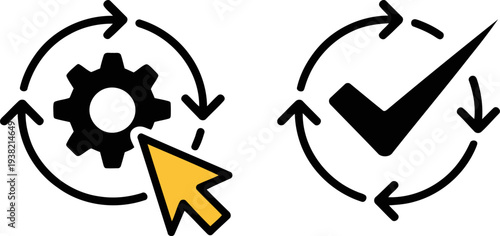 Business Automation Icons Featuring Process  Yellow Clicker Cursor and Gear cog with check mark and circular sync arrows symbol set. Vector illustration 