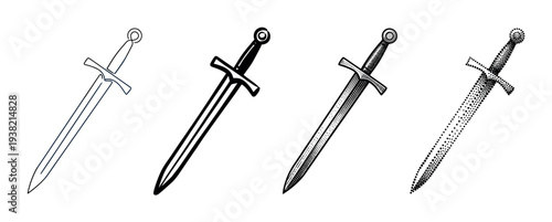 Four medieval sword illustrations showcasing different artistic styles including outline, solid, engraving, and stippling.
