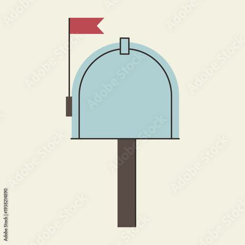 Classic American style blue mailbox on a post with a red flag raised