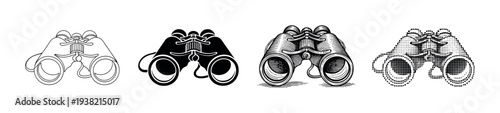 Four distinct styles of binoculars are depicted, including outline, solid, engraved, and dotted versions.