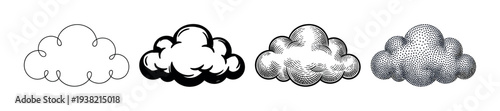 Four different stylized cloud illustrations in various artistic styles are arranged horizontally for design elements.