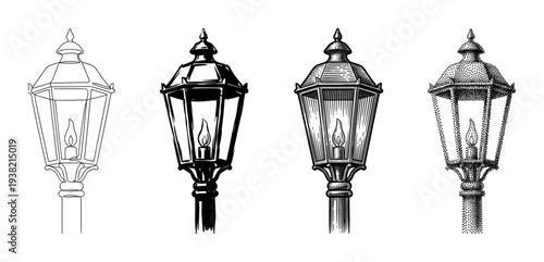 Four vintage street lamps with burning flames are depicted in various artistic styles, including line art and stippling.