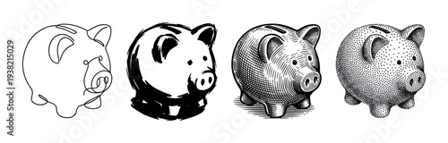 Four different styles of piggy banks are depicted in a collection of unique black and white illustrations.