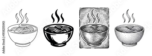 Steaming bowls of noodles depicted with various artistic techniques, including continuous line, solid, engraving, and stipple.