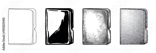 Four distinct artistic styles of a classic document folder illustration set showcasing various drawing techniques.