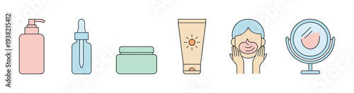 Skincare products and routine elements vector illustration set depicting various beauty items and daily self-care steps.