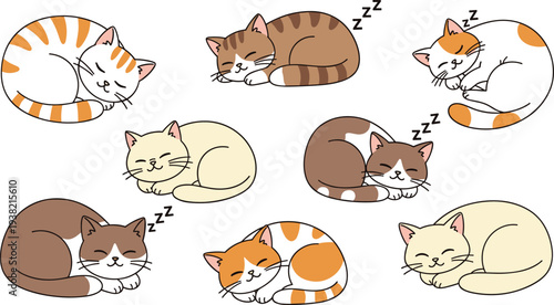 Cute Sleeping Cats Cartoon Set with Different Kitty Poses Cozy Pet Nap Illustration Vector