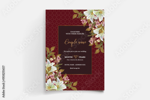 WEDDING INVITATION FRAME WITH FLOWER DECORATIONS AND FRESH LEAVES